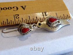 Vintage Sterling Silver Native American Navajo Coral Jade 2 3/8 Earrings