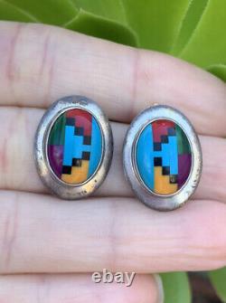 Vintage Sterling Silver Native American Zuni Turquoise Coral Onyx Stud Earrings