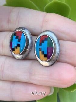 Vintage Sterling Silver Native American Zuni Turquoise Coral Onyx Stud Earrings