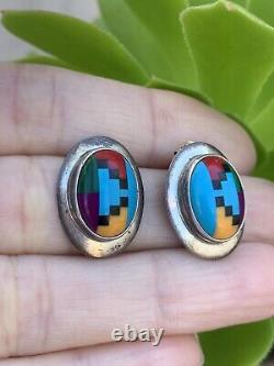 Vintage Sterling Silver Native American Zuni Turquoise Coral Onyx Stud Earrings