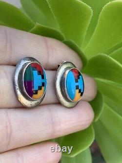 Vintage Sterling Silver Native American Zuni Turquoise Coral Onyx Stud Earrings