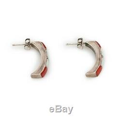 Vintage Sterling Silver Native Zuni Inlay Fire Opal Red Coral Semi Hoop Earrings