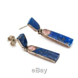 Vintage Sterling Silver Native Zuni Inlay Lapis Lazuli Rose Quartz Drop Earrings