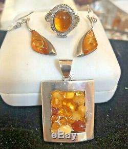 Vintage Sterling Silver Natural Amber Poison Ring Earrings Pendant Lot Gemstone