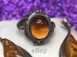 Vintage Sterling Silver Natural Amber Poison Ring Earrings Pendant Lot Gemstone