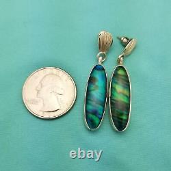 Vintage Sterling Silver Oblong Oval Abalone Dangle Earrings-Shell-1.75''-Vibrant
