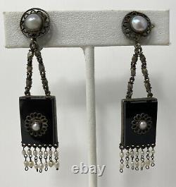 Vintage Sterling Silver Onyx Cultured Pearl Filigree Dangle Screwback Earrings