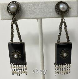 Vintage Sterling Silver Onyx Cultured Pearl Filigree Dangle Screwback Earrings