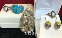 Vintage Sterling Silver Opal Lot Pendant Estate Find Lilly Pad 3 Rings Earrings
