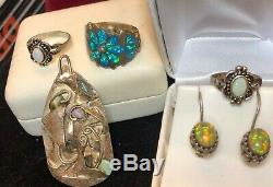 Vintage Sterling Silver Opal Lot Pendant Estate Find Lilly Pad 3 Rings Earrings