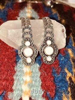 Vintage Sterling Silver Opal Marcasite Post Earrings 15.85GR 2.5 Inches Long