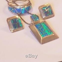 Vintage Sterling Silver Opal Stones Earrings Size 9 and Necklace Set