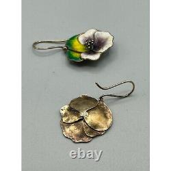 Vintage Sterling Silver Pansy Flowers Dangle Earrings Antique Enamel Over Silver