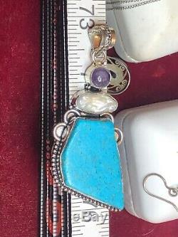Vintage Sterling Silver Pendant Turquoise Pearl Amethyst & Amethyst Earrings