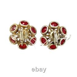 Vintage Sterling Silver Red Floral Flower Faceted Crystal Glass Clip Earrings