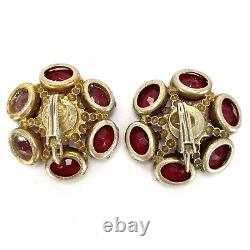 Vintage Sterling Silver Red Floral Flower Faceted Crystal Glass Clip Earrings