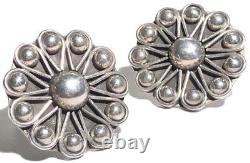 Vintage Sterling Silver Repousse Artisan Modernist Clip Earrings