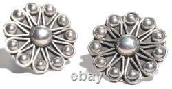 Vintage Sterling Silver Repousse Artisan Modernist Clip Earrings
