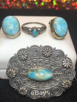 Vintage Sterling Silver Ring Turquoise Pin And Earrings Southwestern