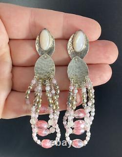 Vintage Sterling Silver Rose Quartz Earrings Articulated Dangle Cluster Beaded