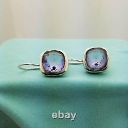Vintage Sterling Silver Round Edge Square Iolite Drop Earrings-Lavender-1'' Long