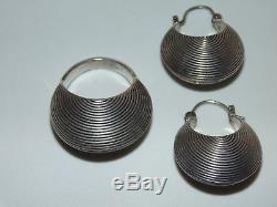 Vintage Sterling Silver Set Ring US Size 7.5 Earrings Modernist Etched Domed 925