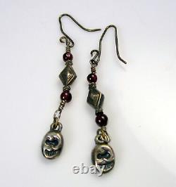 Vintage Sterling Silver Sherry Red Cabochon Garnet Skull Dangle Pierced Earrings