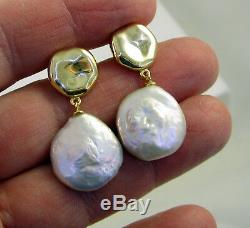 Vintage Sterling Silver Signed CELINE Baroque Pearl Nugget Drop Pierced Earrings