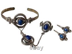 Vintage Sterling Silver Slave Bracelet & Earrings Set Azurite By Lamsa, Arabian