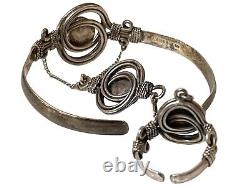 Vintage Sterling Silver Slave Bracelet & Earrings Set Azurite By Lamsa, Arabian