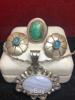 Vintage Sterling Silver Southwestern Pendant Mexico Earrings Turquoise Ring