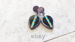 Vintage Sterling Silver Stone Inlay Native style Mexico Drop dangle Earrings 925