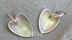Vintage Sterling Silver Tabra Hoop Textured Heart Drop Dangle Pierced Earrings