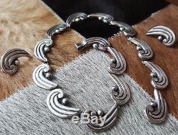 Vintage Sterling Silver Taxco Signed L. F. Art Nouveau Link Necklace Earrings Set