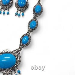 Vintage Sterling Silver Turkish Turquoise Necklace Earrings Set Demi Parure Stat