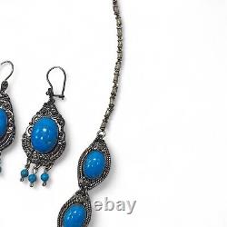 Vintage Sterling Silver Turkish Turquoise Necklace Earrings Set Demi Parure Stat