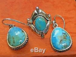 Vintage Sterling Silver Turquoise Bell Trading Post Ring Signed Barse Earring
