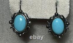 Vintage Sterling Silver Turquoise Dangle Earrings Signed MD Oval Ornate Border