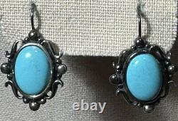 Vintage Sterling Silver Turquoise Dangle Earrings Signed MD Oval Ornate Border