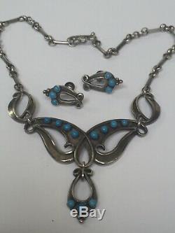 Vintage Sterling Silver & Turquoise Scandinavian Lavalier Necklace & Earring Set