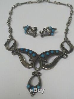 Vintage Sterling Silver & Turquoise Scandinavian Lavalier Necklace & Earring Set