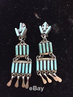 Vintage Sterling Silver Turquoise ZUNI Chandelier Earrings Signed A Pinto