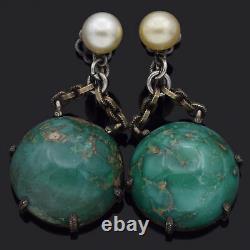 Vintage Sterling Silver Turquoise and Pearl Dangle Screw-Back Earrings