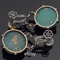 Vintage Sterling Silver Turquoise and Pearl Dangle Screw-Back Earrings