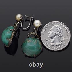 Vintage Sterling Silver Turquoise and Pearl Dangle Screw-Back Earrings