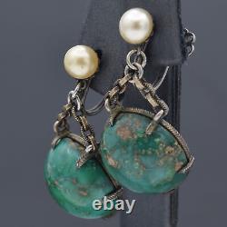 Vintage Sterling Silver Turquoise and Pearl Dangle Screw-Back Earrings