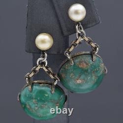 Vintage Sterling Silver Turquoise and Pearl Dangle Screw-Back Earrings