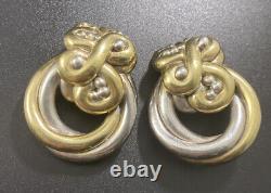 Vintage Sterling Silver Two Tone Ornate Clip On Earrings Puffy Hoop Abstract