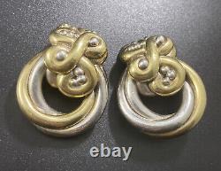 Vintage Sterling Silver Two Tone Ornate Clip On Earrings Puffy Hoop Abstract