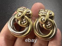 Vintage Sterling Silver Two Tone Ornate Clip On Earrings Puffy Hoop Abstract